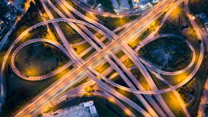 Aerial view of circular highway on-off ramps.