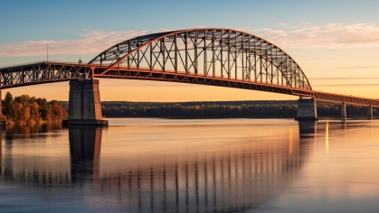 Highway on large suspension bridge passing through sea section