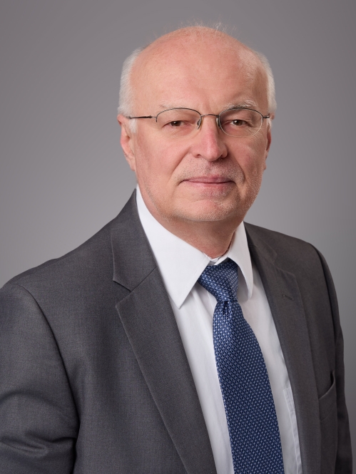 Headshot of male with grey hair and eyeglasses, wearing a grey suit, white shirt, and blue patterned tie.